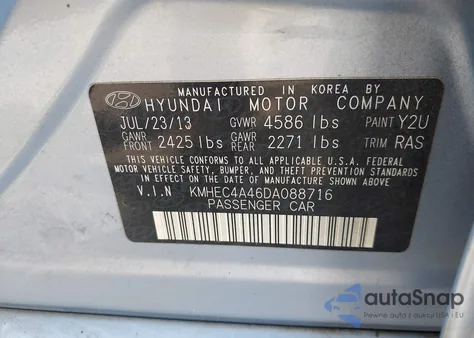 2013 Hyundai Sonata Hybrid from USA, damaged, VIN KMHEC4A46DA088716
